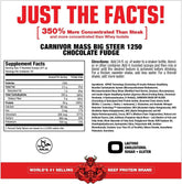 Carnivor Mass 1250 Chocolate Fudge supplement facts, highlighting beef protein and nutrition details.